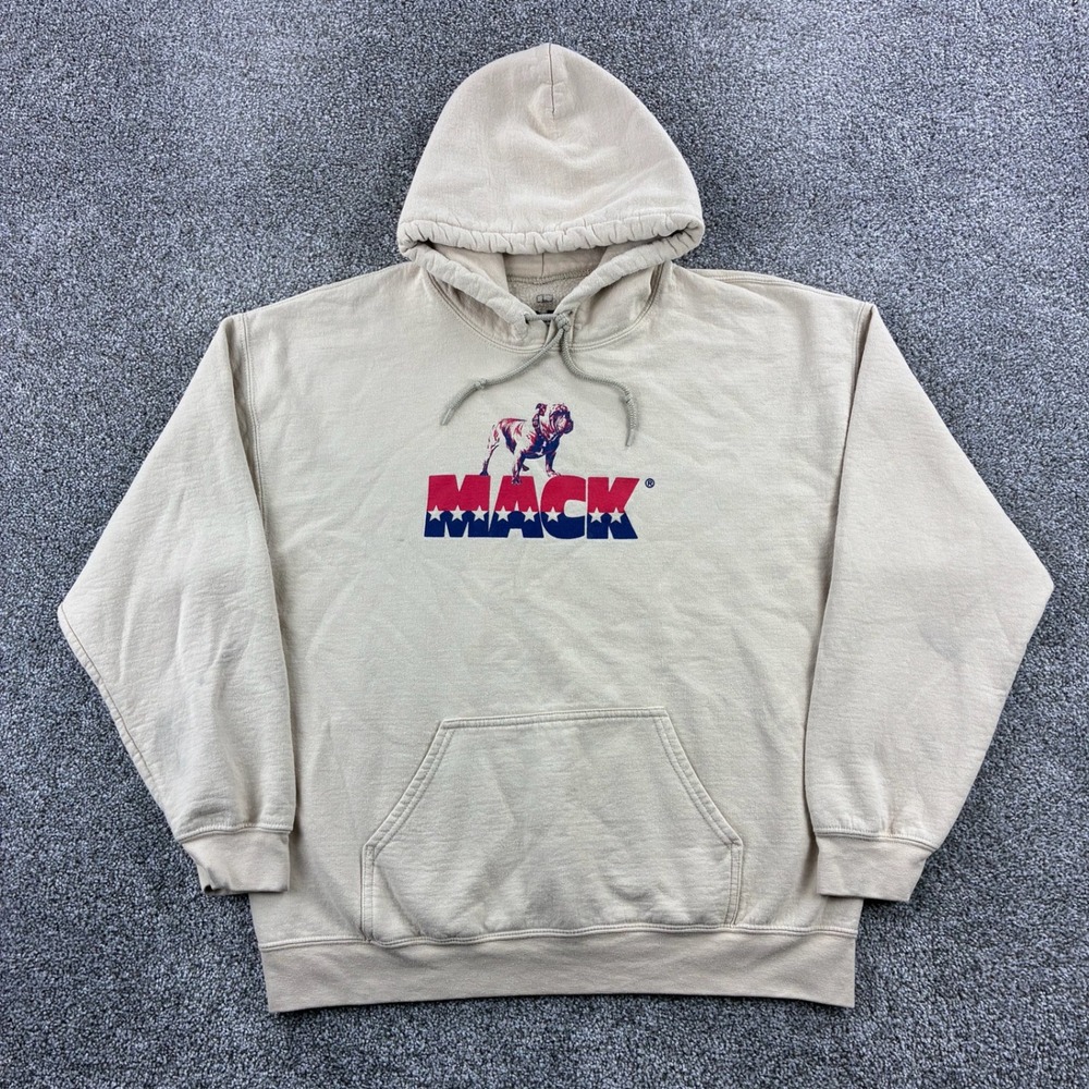 Mack Trucks Hoodie Mens Large Beige Cotton Blend Pullover Big Rig